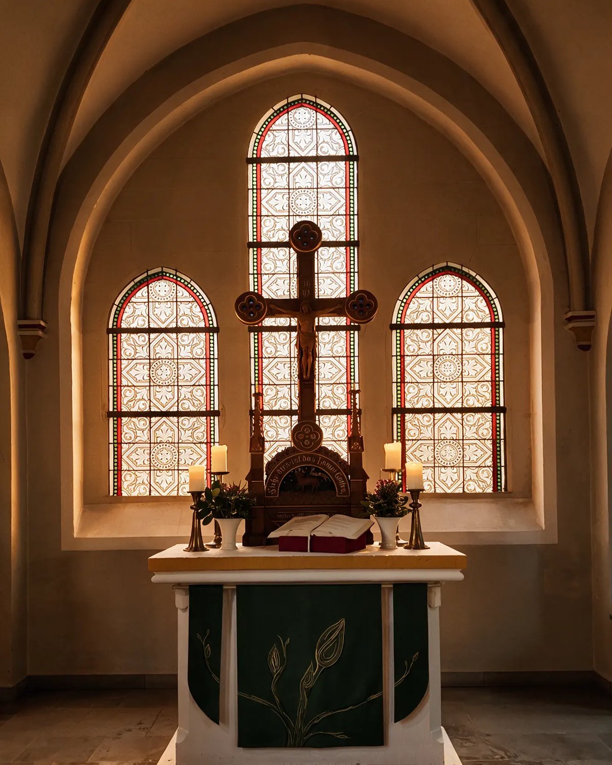 Altar der Dreifaltigkeitskirche mit Kreuz vor den drei Chorfenstern